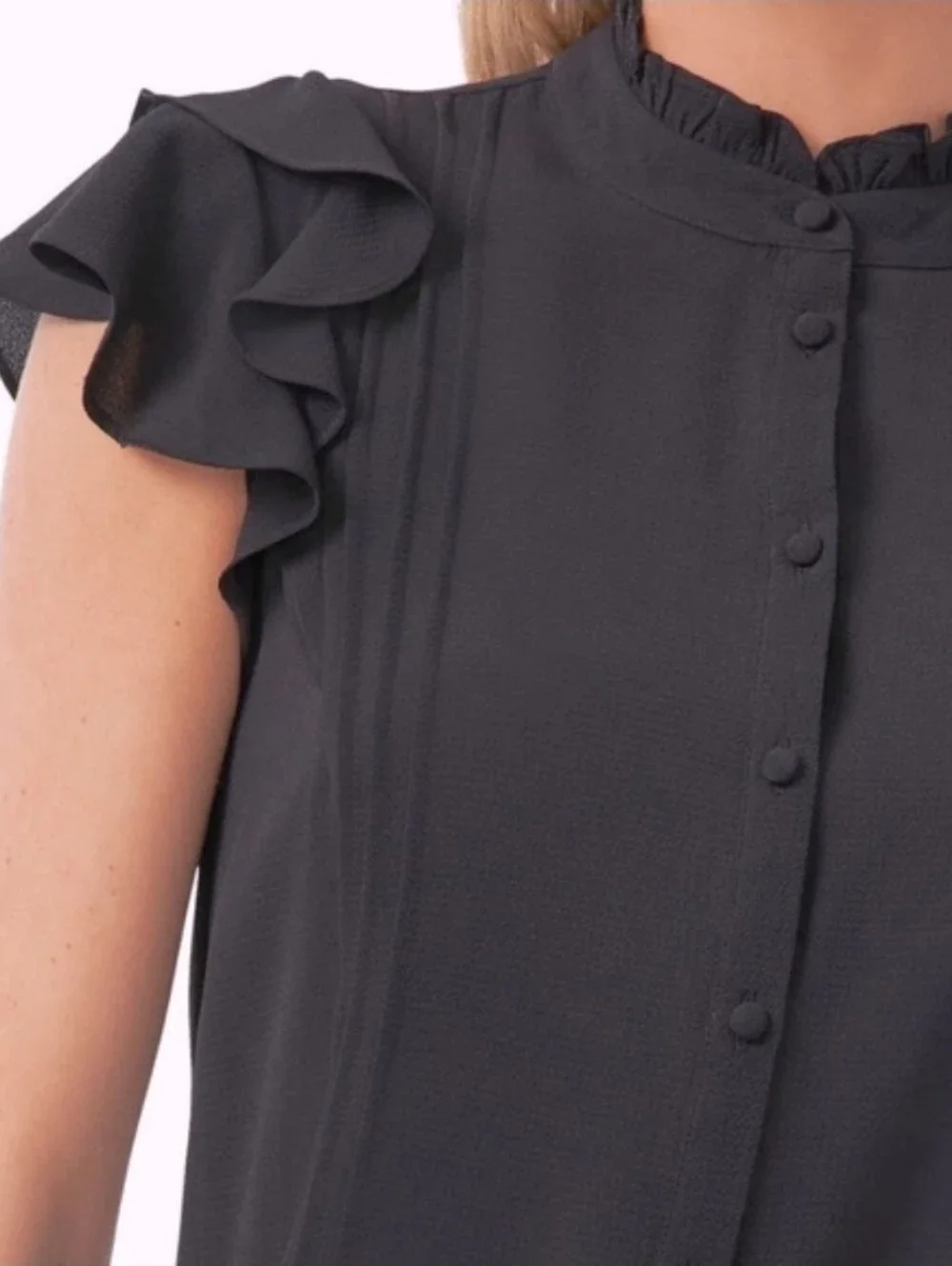 CeCe Black Ruffle Cap-Sleeve Button-Front Blouse - Picture 2 of 5
